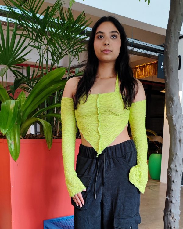 Women Neon Green Ruched Halter Top