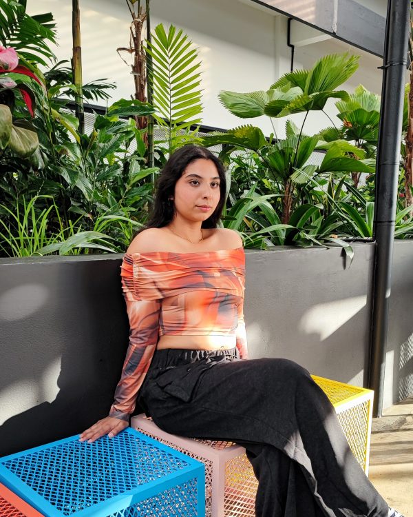 Women Sunset Swirl Off-Shoulder Mesh Top