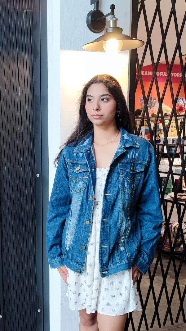 Blue Distressed Denim Jacket Vintage Wave